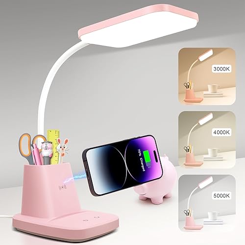 Lámpara de escritorio rosa Sailstar, lámpara de escritorio pequeña con soporte para bolígrafo, lámparas de escritorio LED con cargador inalámbrico