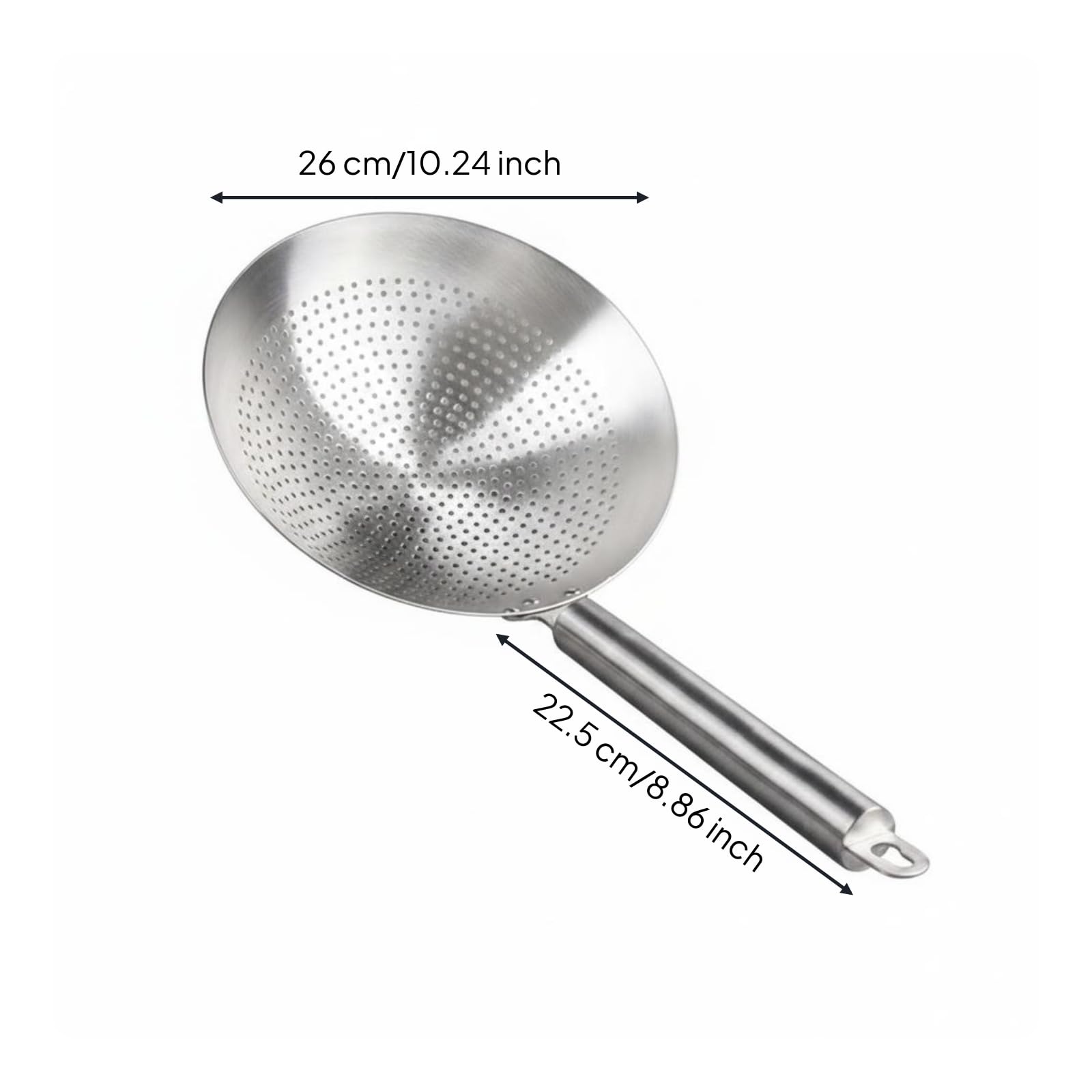 Colador de Acero Inoxidable 316L Cuchara Escurridora Espumadera con Malla Compacta y Cazo Resistente al para Escurrir Aceite Hervir Fideos Tareas de Cocina, 26cm