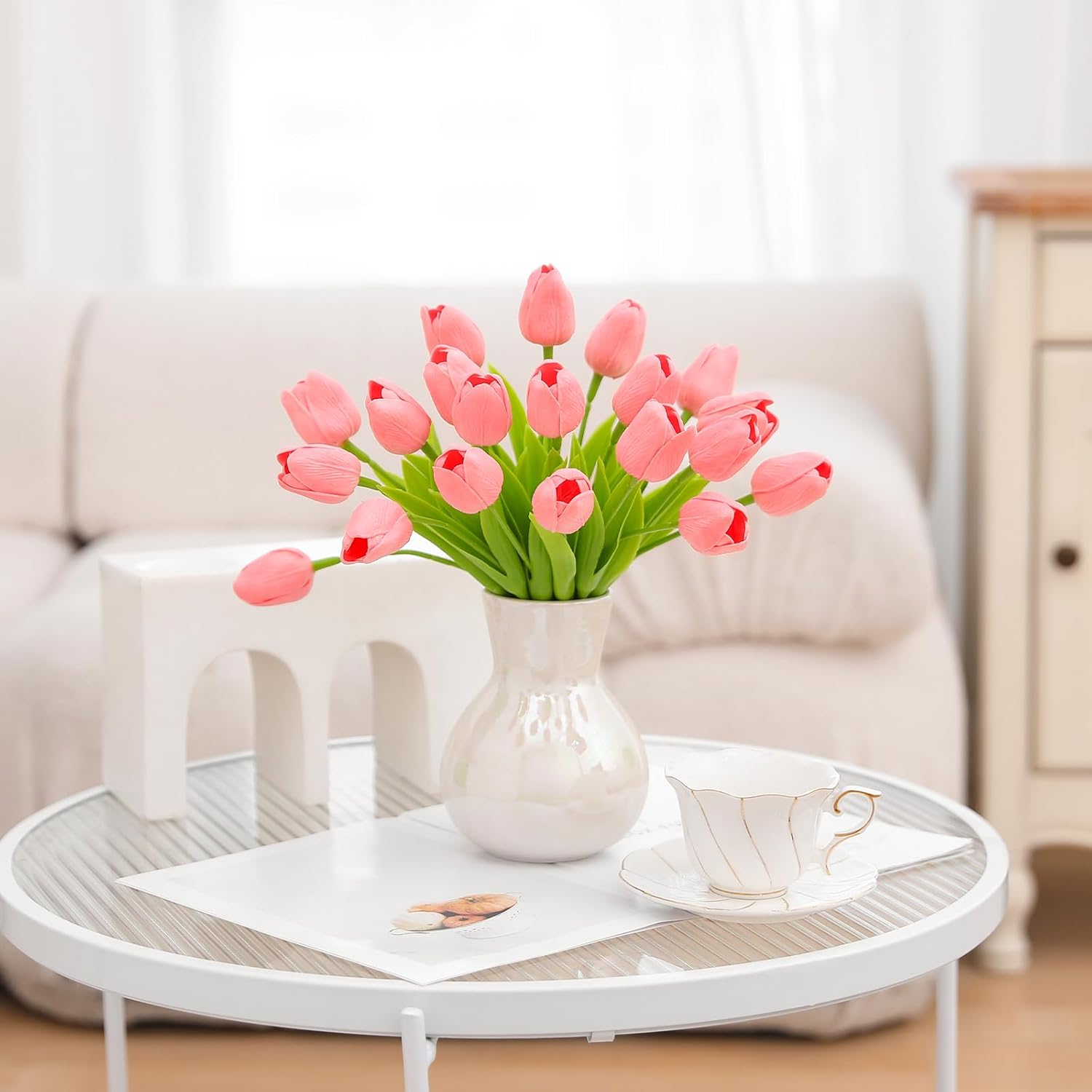 20 Pcs Artificial Apricot Pink Tulips Fake Flowers Bouquet, 13.3" Bendable Cuttable Stems PU Petals Realistic Tulip Faux Flowers for Home Office Wedding Decor