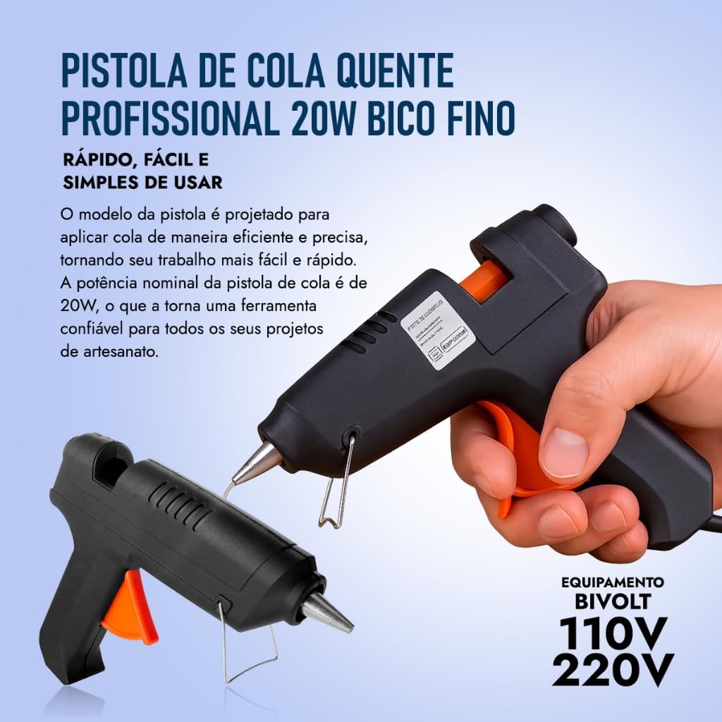 Pistola De Cola Quente Profissional 20w Bico Fino Pequena 127-220v Bivolt - Acompanha 5 bastões de cola de 30cm Pistola De Cola Quente Profissional 20w Bico Fino Pequena 127-220v Bivolt - Acompanha 5 bastões de cola de 30cm