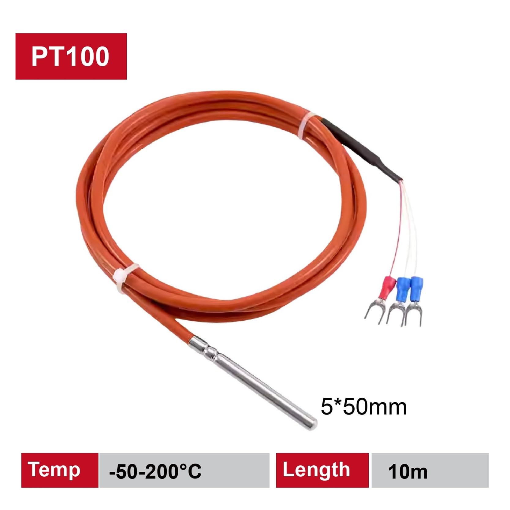 PT100 PT1000 RTD Sensor de temperatura Sonda de temperatura impermeable Cable de silicona 3 cables 4 opciones | Pt100-10M-5-50mm -F