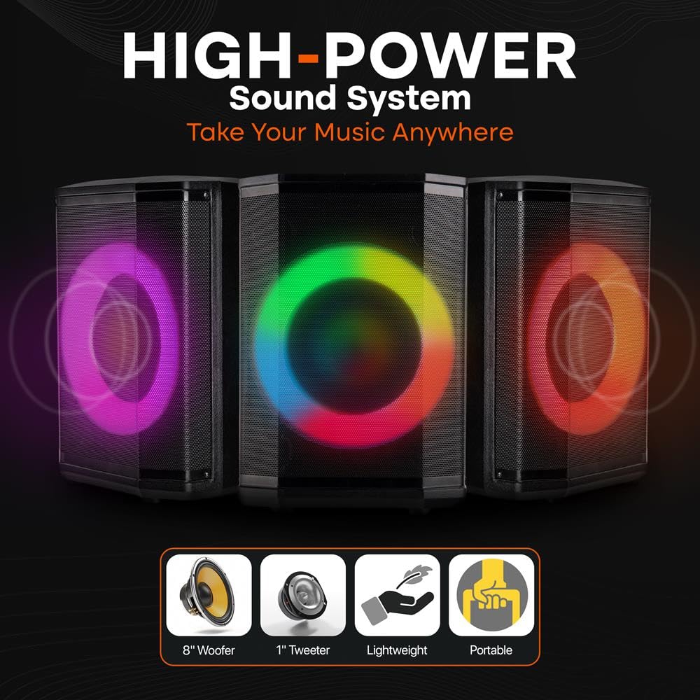 Pyle Partybox Bluetooth Lautsprecher 120W TWS – Kompakte PA Anlage mit kraftvollem Sound, LED Lichteffekte, inkl. Tragtasche, Stativ, USB, Micro SD, FM Radio
