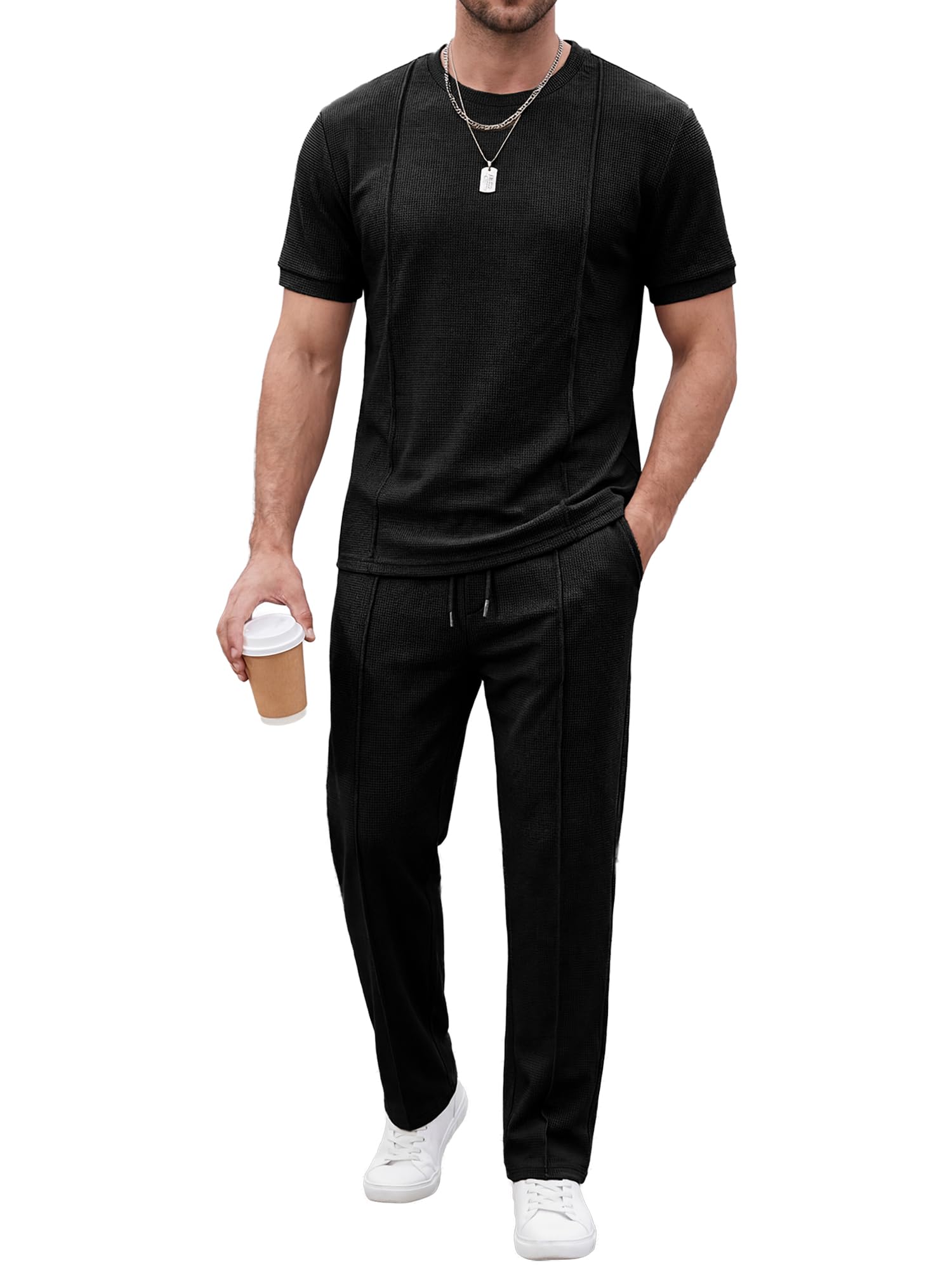 Mens 2 Piece Sets Short Sleeve Shirts and Loose Pants Summer Textured Suits-image-33