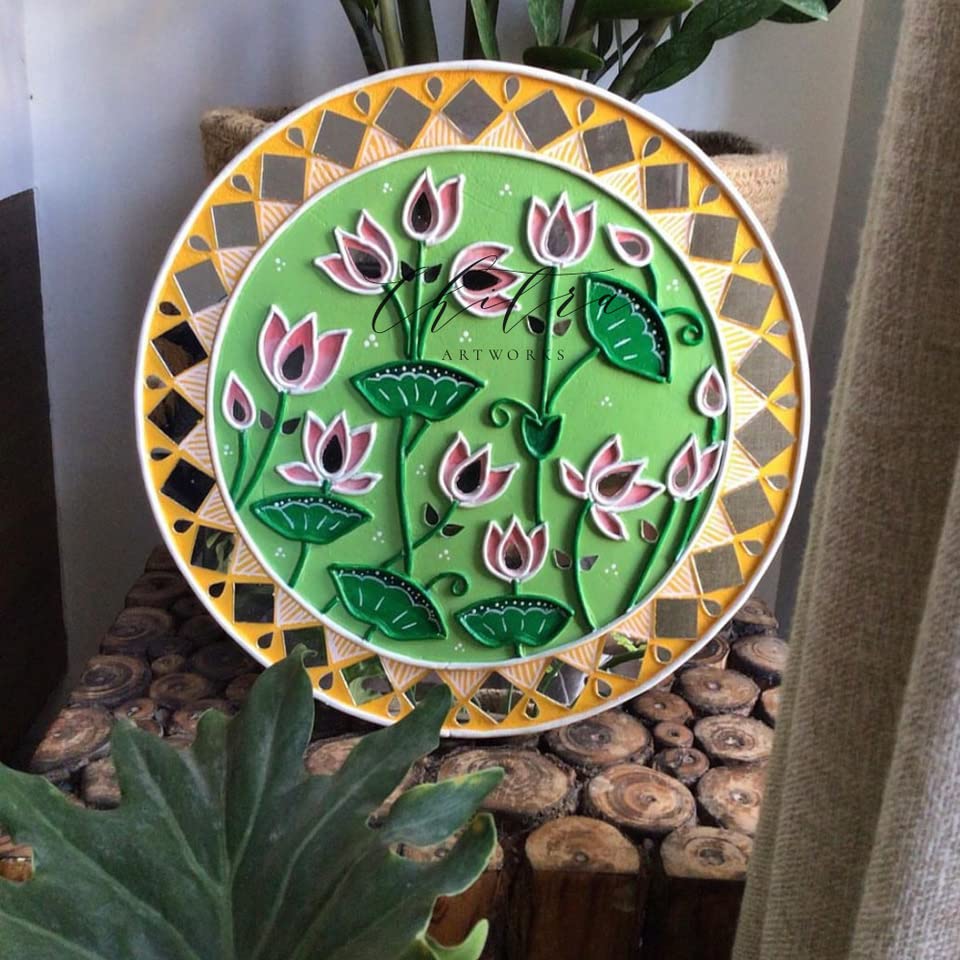 Chitra Artworks_Handmade Mud Mirror Painting For Wall Decor (12 X 12 Inches Pack of 1) (Flower), Unframed, Round, Multi-coloured-image-17