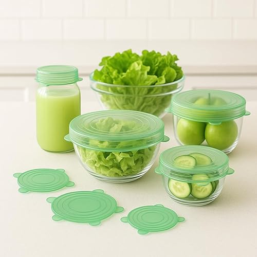 Miniatura 7 de Paquete de 6 tapas elásticas de silicona reutilizables  Fundas verdes de grado alimenticio para cocina  Sello hermético para almacenamiento de