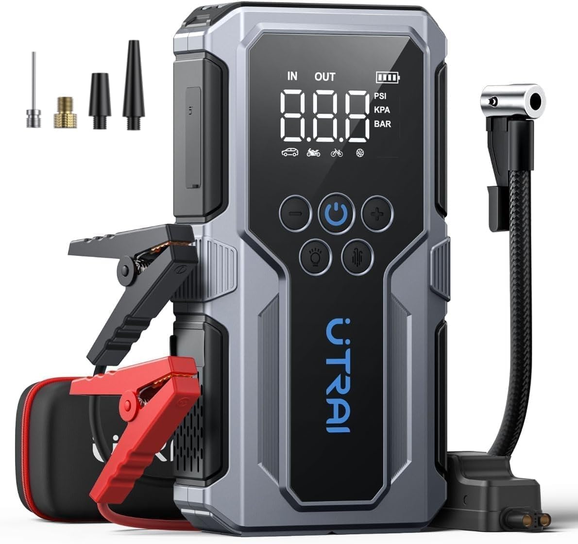 4500A Car Battery Booster Jump Starters with 150PSI Air Compressor/18W Fast Charging/LED Flashlight,UTRAI Jump Starter Power Pack,Portable Powerbank Charger,and Jump Leads for 8.5L Gas/6.5L Diese