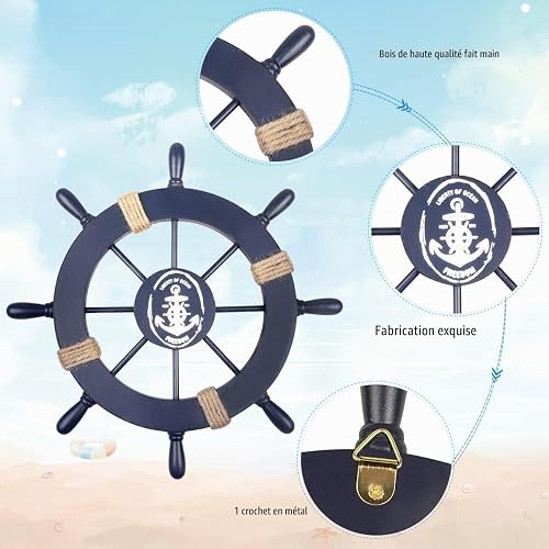 Fangoo 2 Pack 28 CM Wooden Ship Wheel and 33 CM Wood Anchor with Rope Nautical Boat Steering Rudder Wall Decor Door Hanging Ornament - 5