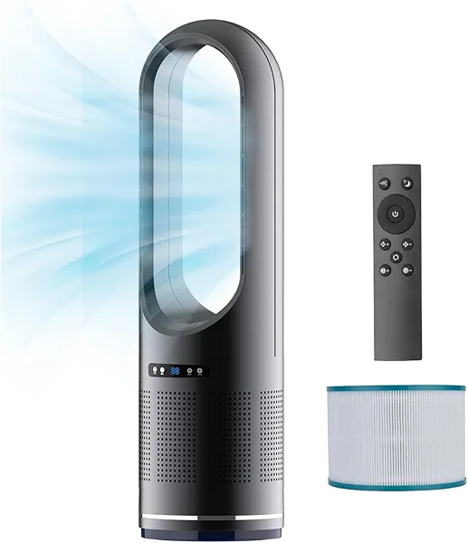 Tower Fan, 31.5Inch Cooling Bladeless Fan with HEPA Filter 99.97%, 2 IN 1 Floor Fan Combo 80° Oscillating with Remote, 8H Timer, 8 Speeds for Indoor, Bedroom, Home Office Room
