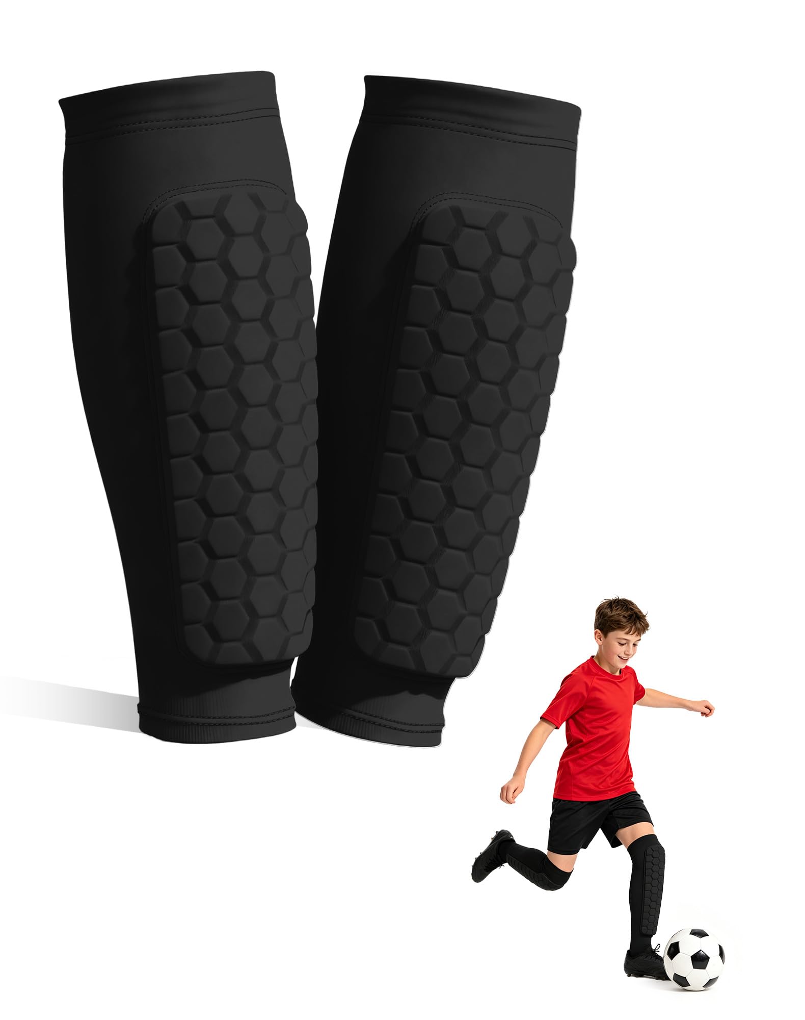 Ouxonix Kids Football Shin Guards M Black with Sleeve Slip-in for Ages 9-12