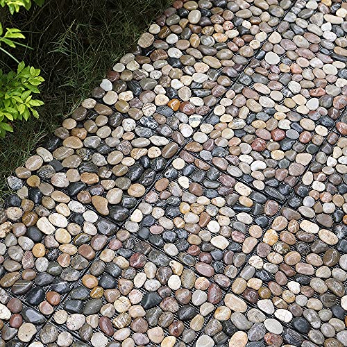 Pure Era Natural Real Stone Interlocking Floor Deck Tiles Polish Pebble Tile Indoor Outdoor Use 12"X12" (4Pcs, 4 Sq. Ft, Polished Mixed Color)- Great Upgrade To Patio Backyard Pathway #TOP4