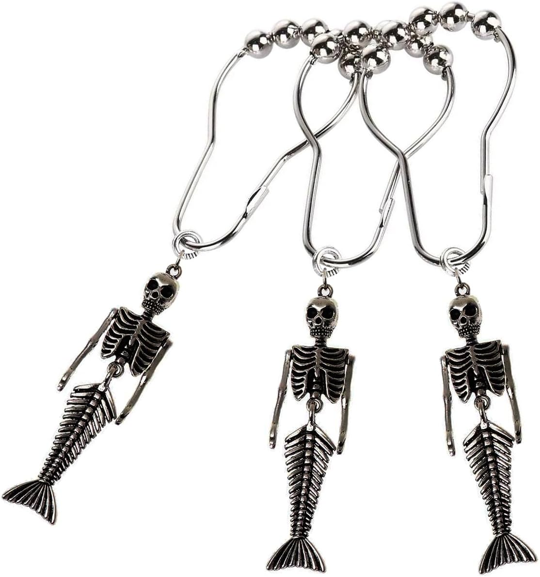 12Pcs Mermaid Skeleton Shower Curtain Hooks Halloween Decorative Home Bathroom Decor Rustproof Skeletons Shower Curtain Rings (Mermaid Skull Silver)