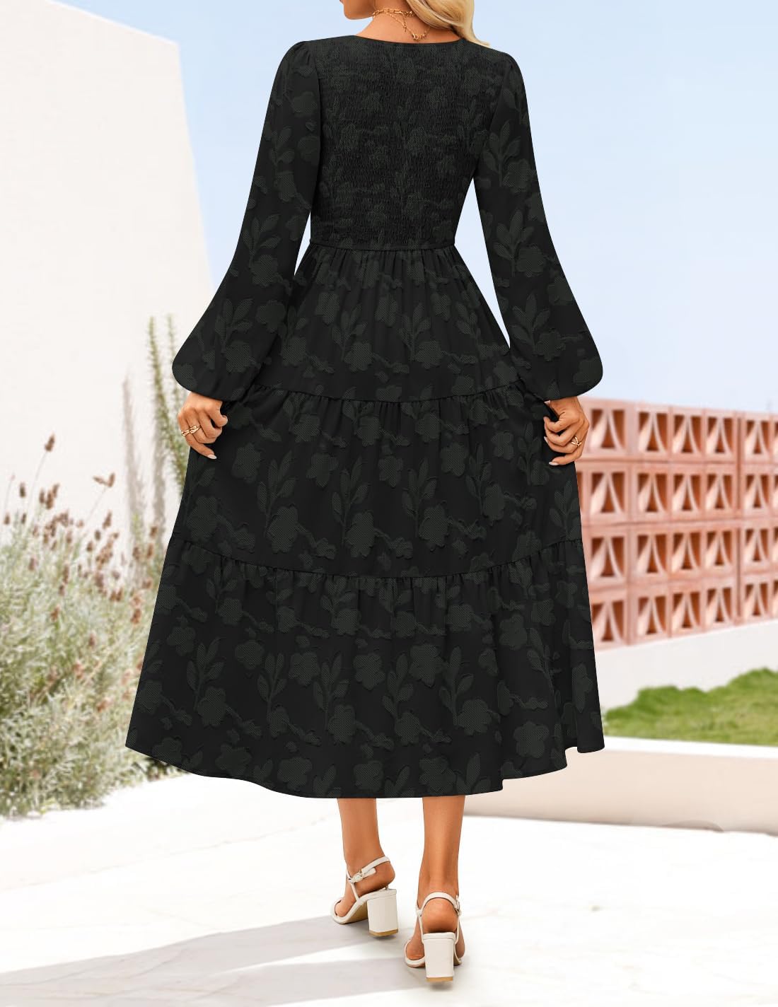 ZESICA Women's Fall Boho Floral Midi Dress 2026 Casual Long Sleeve Crewneck Flowy Wedding Guest Long Dresses - Image 4