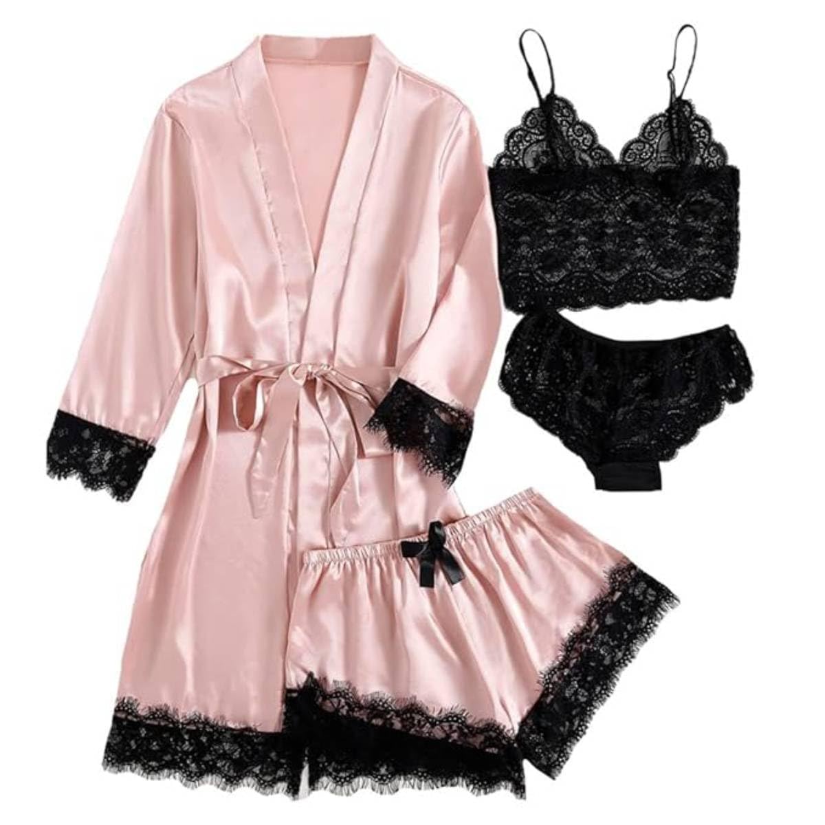 Women's Pajama Satin Sexy Lingerie Robe Set 4Pcs Pjs Silk Sleepwear Floral Lace Cami Shorts Loungewear with Robe