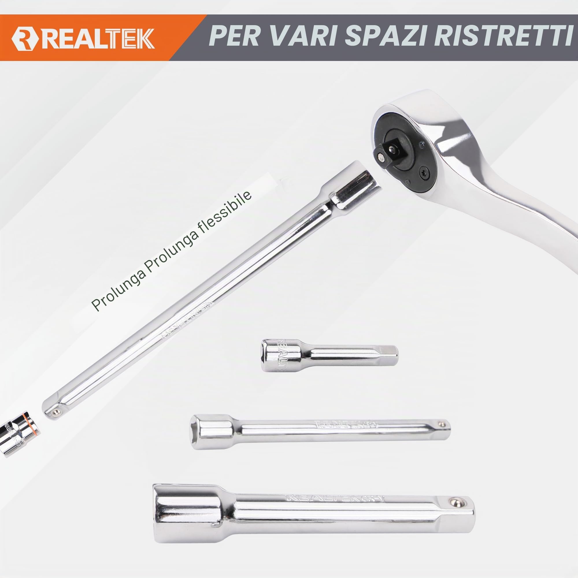 REALTEK Set Chiavi a Bussola, Chiavi a Cricchetto 1/4''+3/8"+1/2'' 178 Pezzi, 72 denti, Cr-V, Adatto per Lavori su Biciclette e Automobili le riparazioni