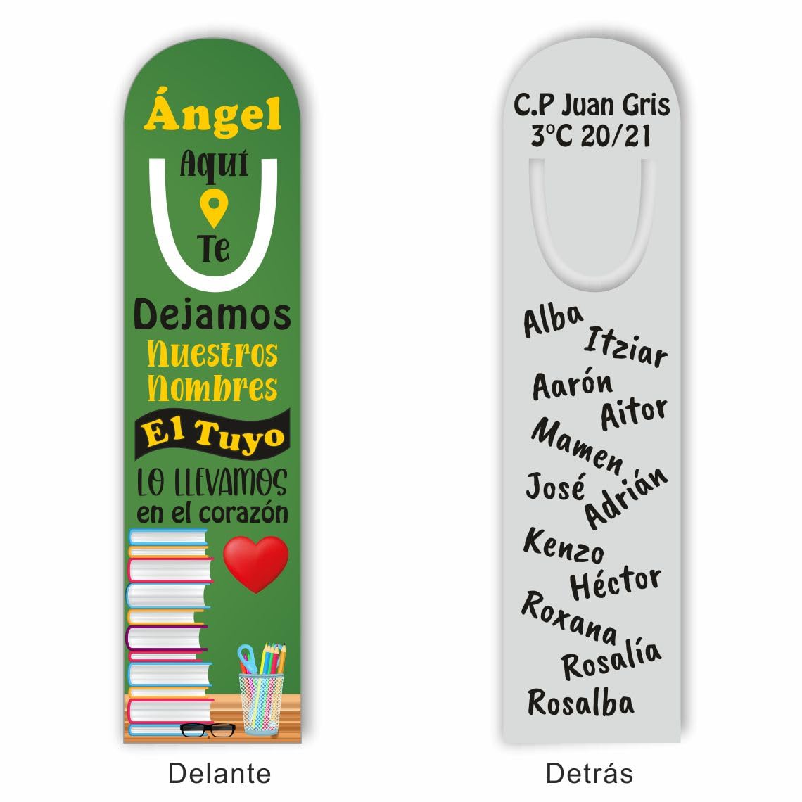 SUPER STICKER Marcapáginas de aluminio para libros, libretas etc., regalo para profe, regalo fin de curso (R24) personalizado a 2 caras con nombres de alumnos y profe