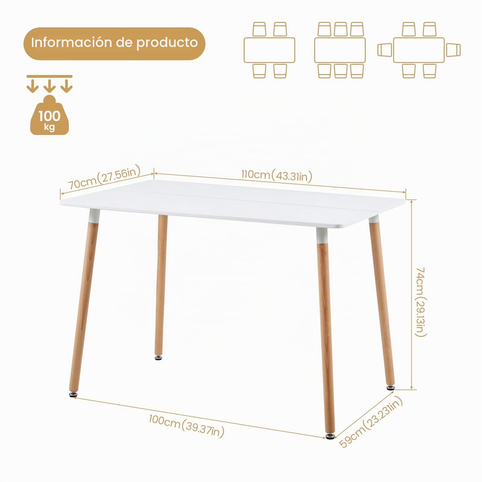 H.J WeDoo Mesa de Comedor Rectangular de Madera de Diseño Escandinavo para 4 a 6 Personas Blanca 110 x 70 x74 cm (Sólo Mesa)