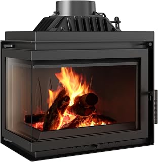 KRATKI Simple Kamineinsatz 8 kW – Eckiger Holzofen mit doppelseitiger Sichtscheibe, Ø 180 mm – Kaminofeneinsatz aus Gusseisen, BImSchV 2 & ECODESIGN - 80% Wirkungsgrad, Türöffnung Links