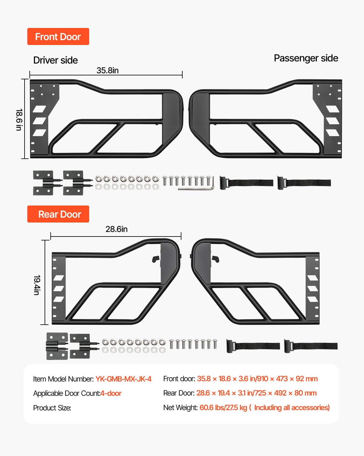 VEVOR Tube porte pour Jeep, 4 portes, porte tubulaire pour Jeep de style aventure avec charnières robustes, loquet OE, coussinets en caoutchouc et tube en acier trempé, pour Jeep Wrangler JK 2007-2018