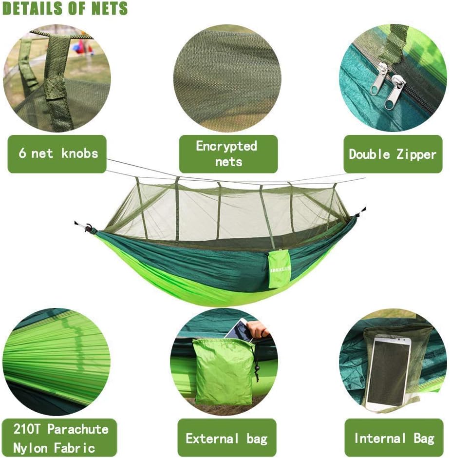 IDEALUX Camping Hammock with Net, Lightweight Portable Double Parachute Hammocks, 210T Nylon, High Capacity and Tear Resistance, Perfect for Camping, Backyard Relaxation (Green)