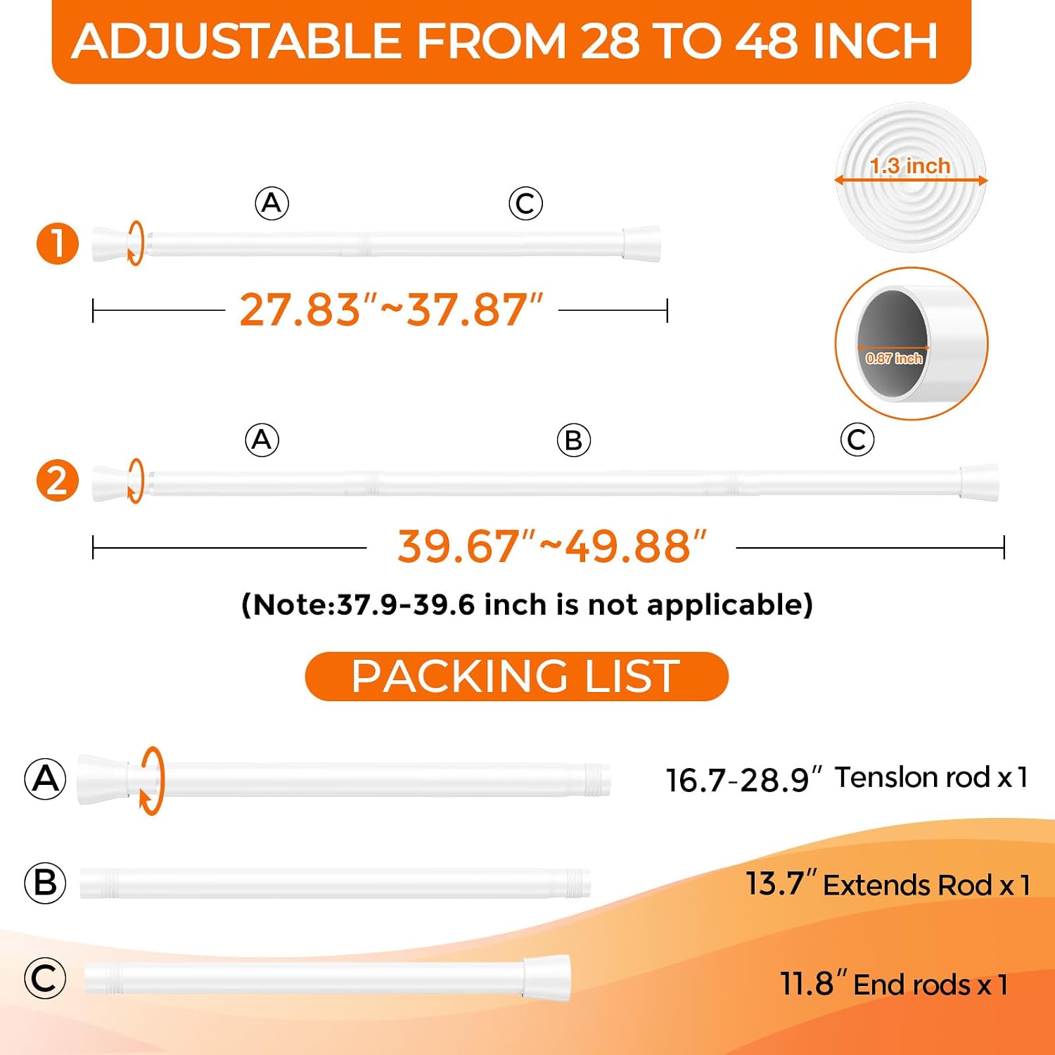 2Pack Tension Curtain Rod 28-48 Inch 7/8" Diameter, Adjustable No Drilling Rustproof White Spring Loaded Curtain Rods for Window, Doorway, Bathroom, Closet, Kitchen, Shower Stall