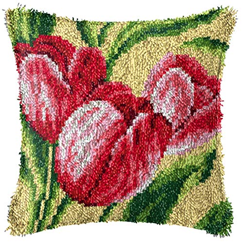 Image of Tulip Latch Hook Pillow Kits for Adults Beginners Pre-Printed Cushion | Home Sofa Cushion Cover Preprinted Canvas Crochet Yarn Kits Needlework Crafts Festival Gift for Adults Beginner 17X17 Inch