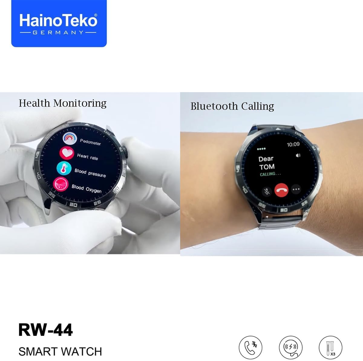 HainoTeko Germany RW-44 Smart Watch showing health monitoring features like pedometer, heart rate, blood pressure, and blood oxygen, alongside a Bluetooth calling screen.