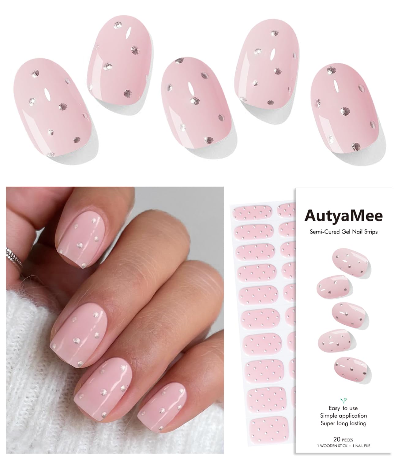 Semi Cured Gel Nail Strips (Pink Diamond)-20 PCS Gel Nail Stickers | UV Light Required | Gel Nail Wraps, Salon Quality & Easy to Use