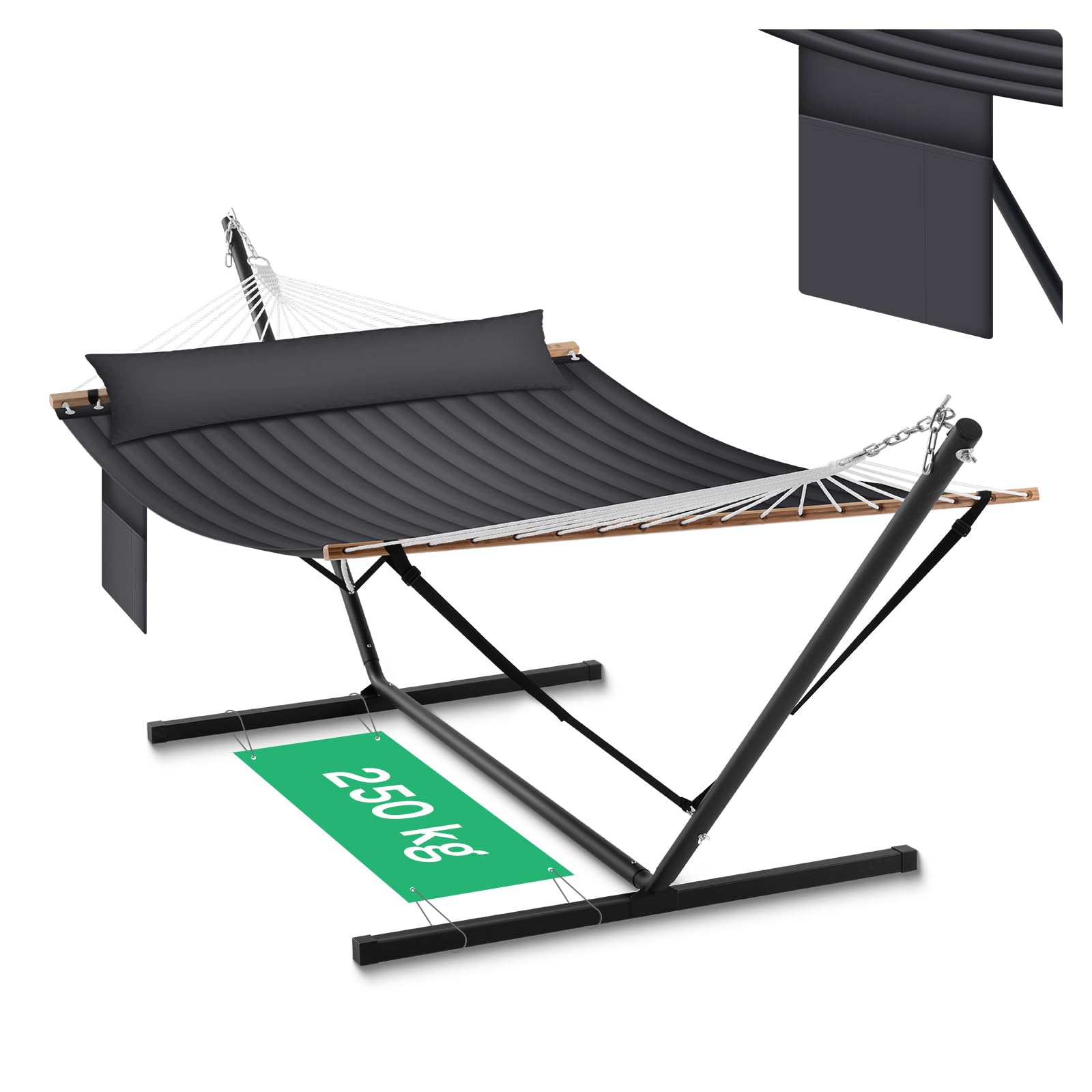 WOLTU Hängematte mit Gestell, Doppelhängematte mit Seitentasche Kissen, Tragbar Hängematte Outdoor für den Garten Terrasse Balkon Camping & Pool belastbar bis 250 kg, für 2 Personen ﻿ ﻿ ﻿