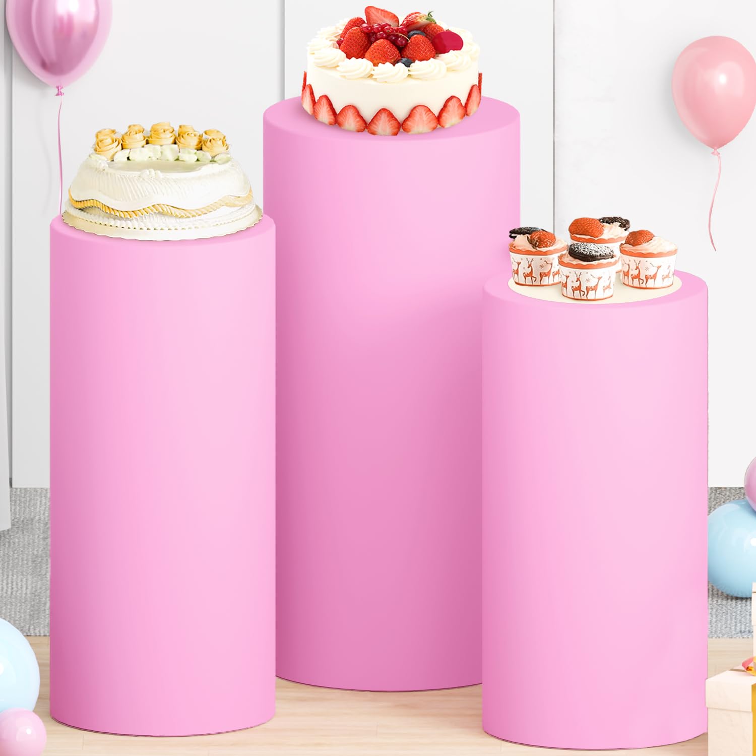 Snapklik.com : Set Of 3 Spandex Cylinder Pedestal Stand Covers Pink ...