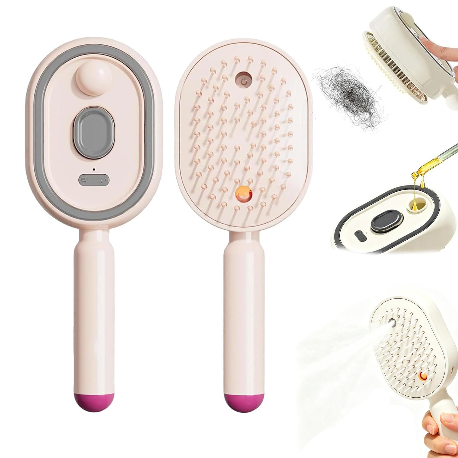 2026 Nouvelle brosse à vapeur électrique, brosse à cheveux rechargeable avec spray nano-brume, peigne à coussin d'air autonettoyant, outil de coiffure antistatique démêlant (Pink,without oil)