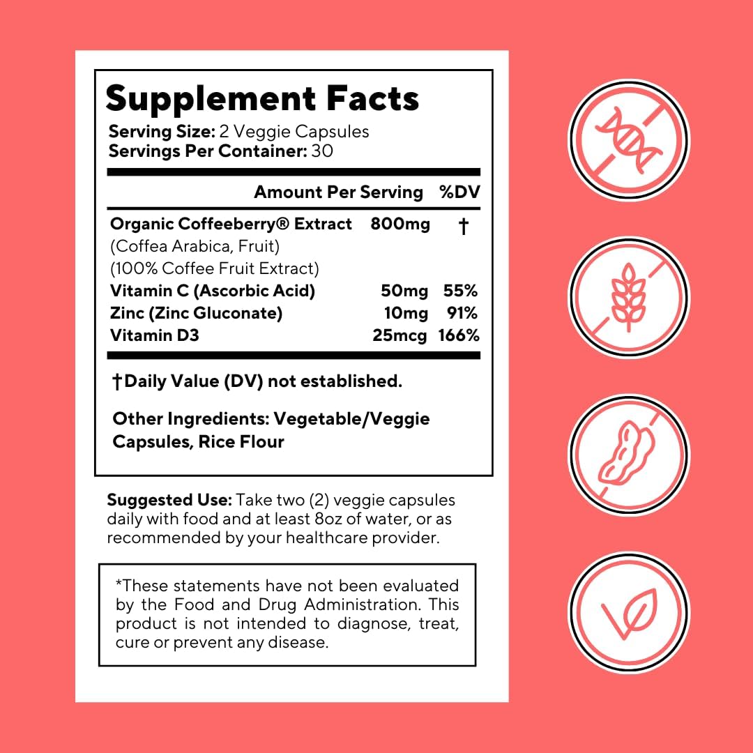 Vitacoffee Caffeine Pills - Coffee Fruit, Vitamin C, Vitamin D, Zinc Gluconate - Energy, Memory, Focus, Antioxidant, Skin Support - 60 Veggie Capsules - Non-GMO, Gluten-Free, Vegan Supplement