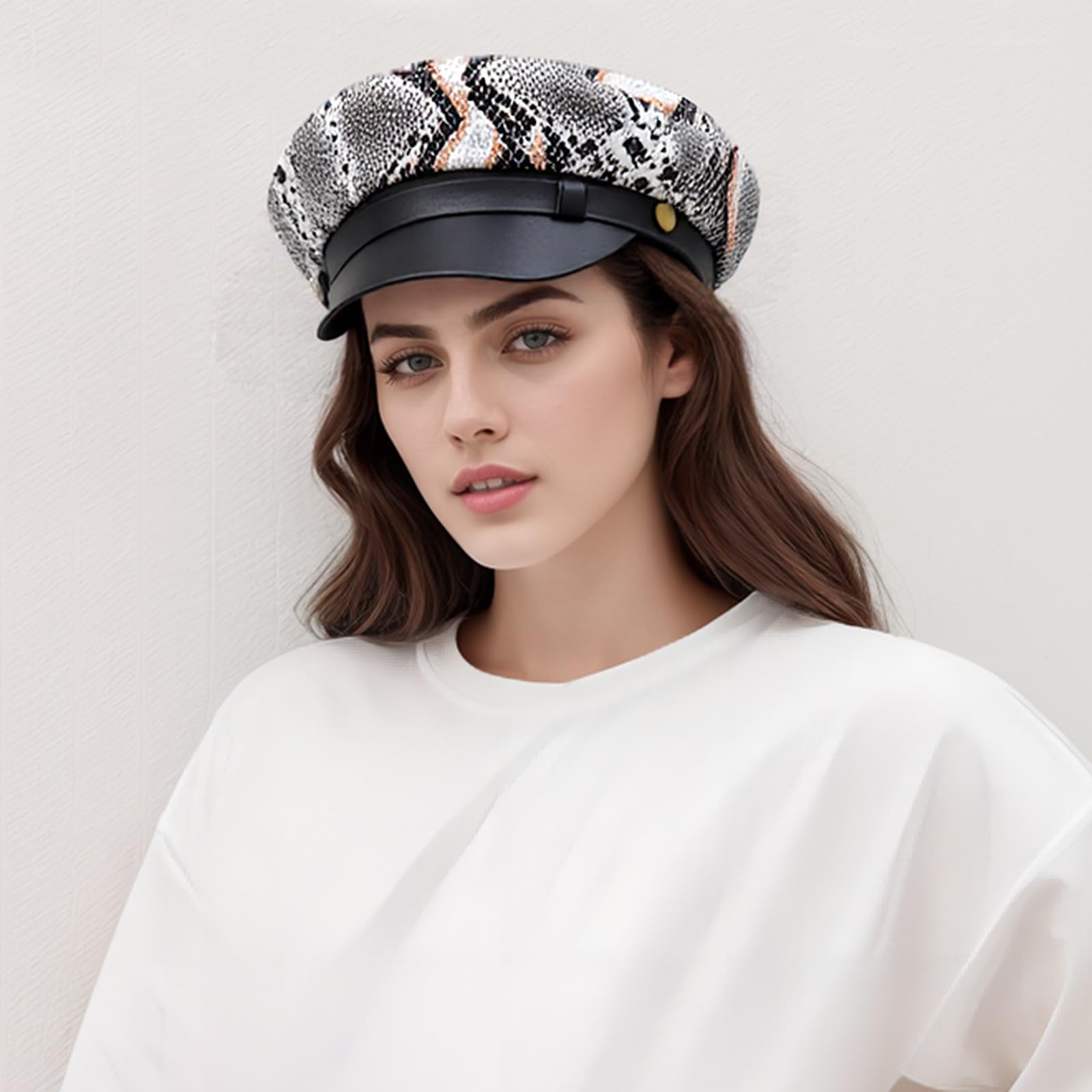 Women Snakeskin Yacht Captain Sailor Hat Halloween Cosplay Dancing Hip-Hop PU Newsboy Cabbie Baker Boy Peaked Cap Pageboy Hat Black
