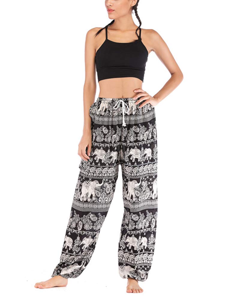 Hongbi Women's Black Elephant Yoga Harem Pants Aladin Pants Baggy Thai Fisherman Bohemian Pants Hippie High Waist Trousers Boho Bloomers With Pocket One Size