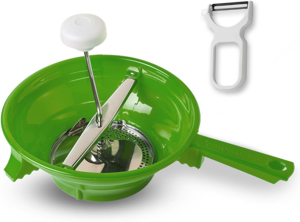 Alisa Home Foley Food Mill - Best Manual Mill for Making Puree or Soups of Vegetables, Tomatoes, Apples, Home Canning - Includes a vegetable peeler - Stainless Steel Blades, BPA-free, Dishwasher safe