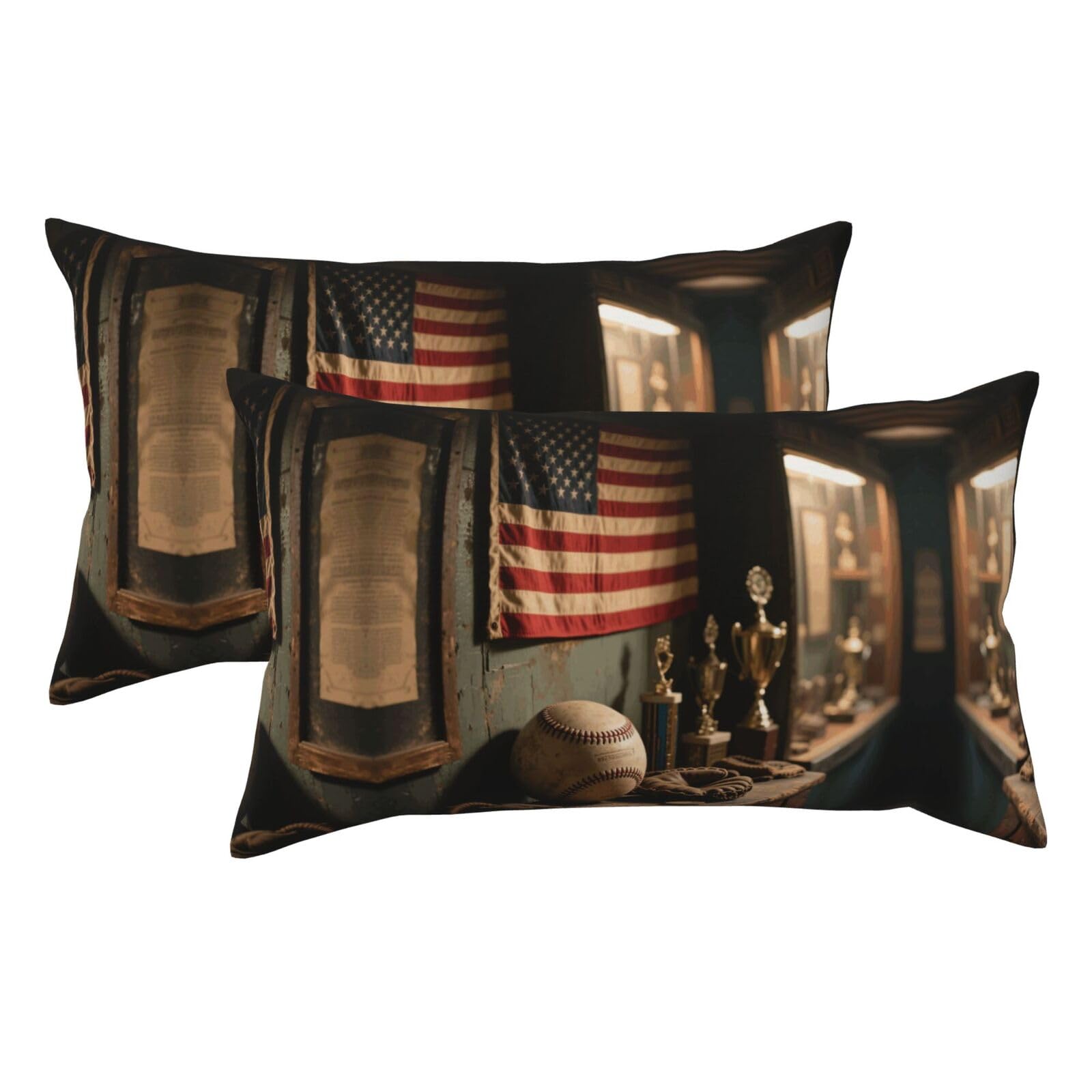 Vintage Baseball On American Flag Luxury King Pillowcases Set of 2, Plush Velvet Feel Pillow Covers with Hidden Zipper, Skin & Hair Friendly, 20x36 Inches Pillow Cases for Sleeping Gift