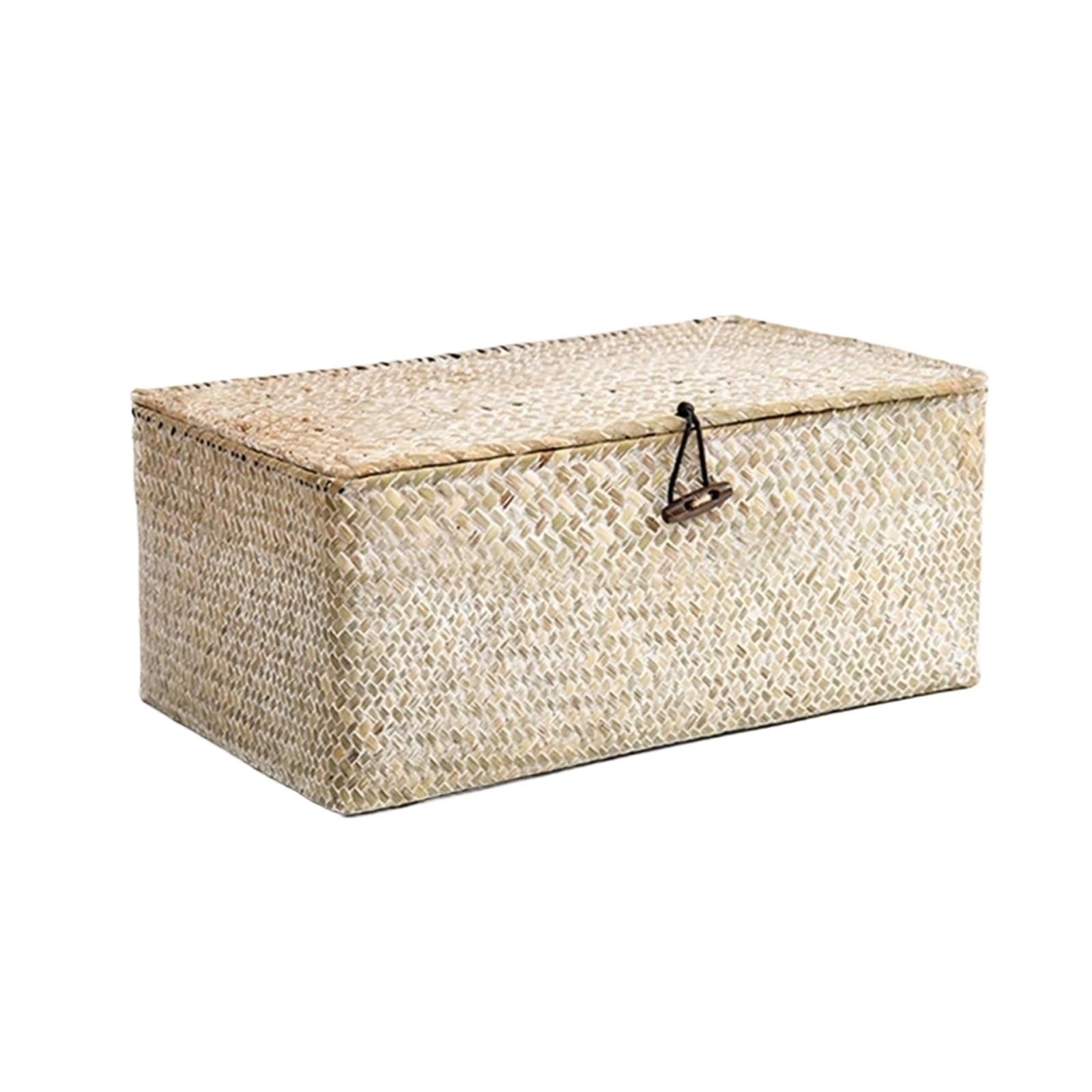 Seaweed Woven Storage Basket Handmade Seagrass Box With Lid Sundries Organzier Baskets Cosmetic Clothes Container For Storage(White,S(23x13x8cm))