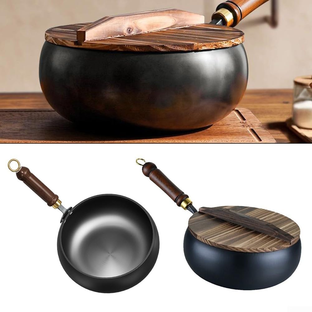 Bienll - Padella in ferro giapponese, 24 cm/28 cm, antiaderente forgiata a mano, con coperchio in legno, non rivestita, antiaderente per cottura naturale, fornello a gas (copertura in legno, 28 cm