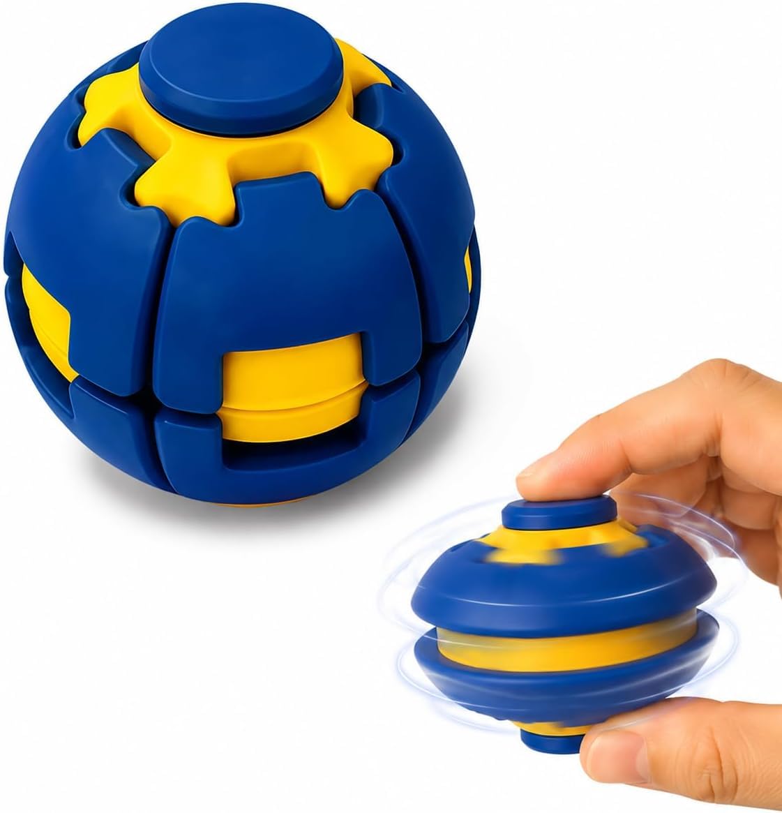 Push to Spin Fidget Stress Ball - 2 in 1 Press & Auto Rotate Decompression Toy, Dual Form Freely Switchable, Pocket Portable Fidget Spinner for Anxiety Relief (Dark Blue)