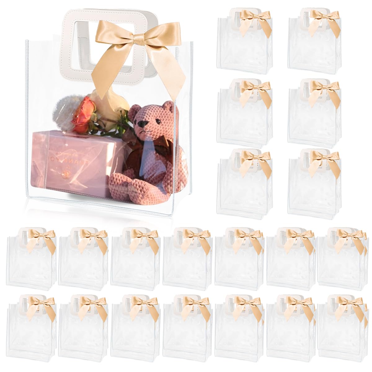 Cestbella Clear PVC Gift Bags 20 Packs, Transparent Party Favor Bag with Ribbon Gift Wrap Tote Wedding Favor Bag Goodie Shopping Bag Plastic Present Bag for Party Bridal Baby Shower 18x10x20cm