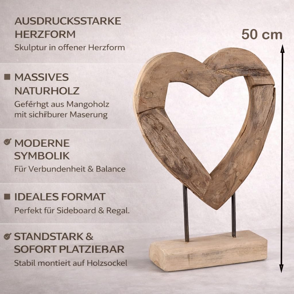 formano Deko Objekt Herz Holz Skulptur aus massivem Teakholz 50 cm auf Standfuß, modernes Wohnaccessoire mit Herzform für Sideboard, Regal & Büro