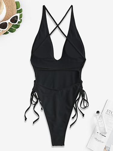 Miniatura 4 de ZAFUL Traje de baño de una pieza para mujer, traje de baño de una pieza sin espalda con lazo cruzado y tanga de corte alto
