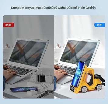 T20 15W 5’i 1 Arada Magsafe Kablosuz Şarj İstasyonu, Dijital Saatli Forklift Tasarım, iPhone 16/15/14/13/12, Apple Watch, AirPods Uyumlu Masaüstü Hızlı Şarj Standı (Sarı)
