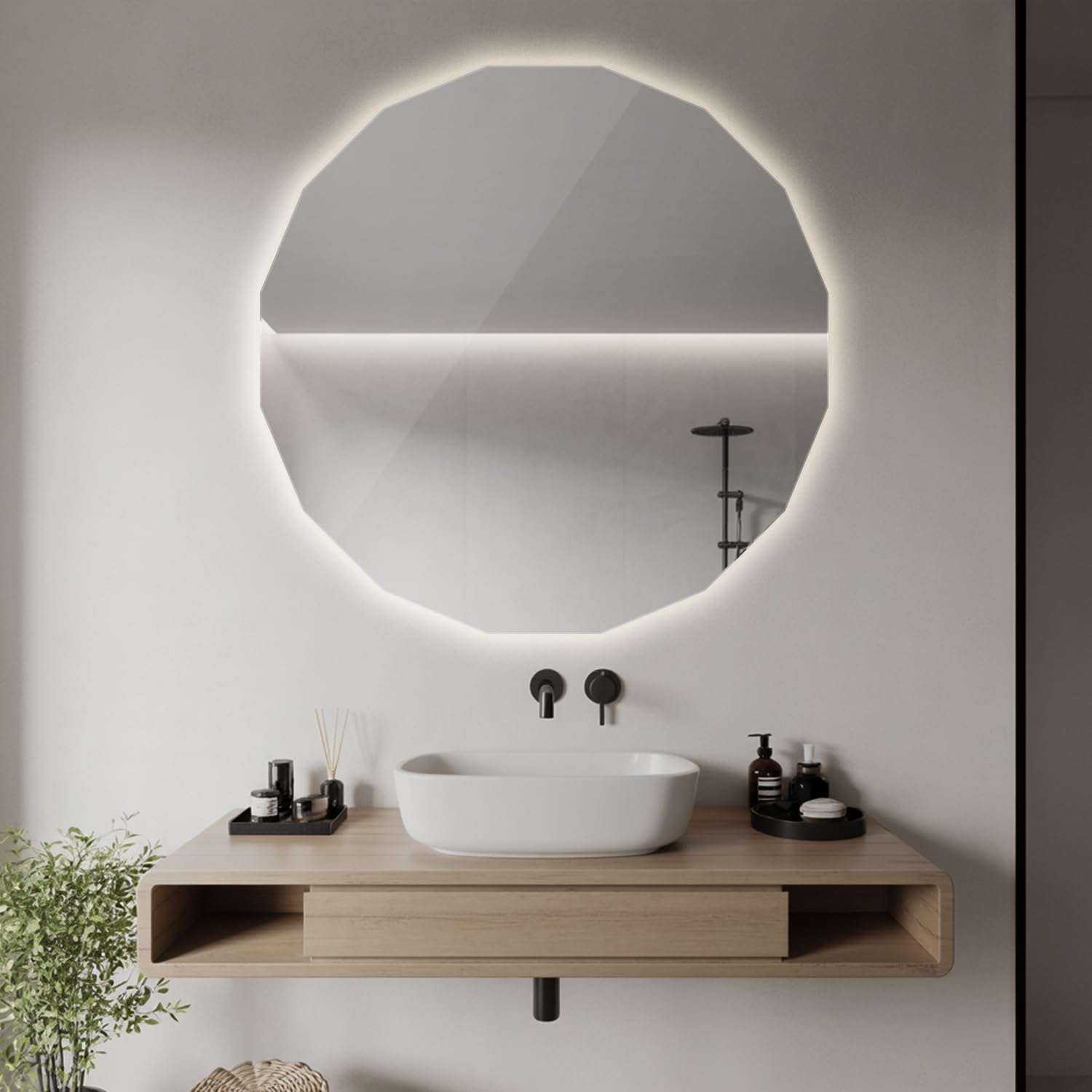 Generisch Wandspiegel Mit Licht 80x80 Polygonaler Badezimmerspiegel Rahmenlos Beleuchtung LED für Bad Wohnzimmer Schlafzimmer Flur Moderne Spiegel für Zuhause oder Büro Einzigartiger Form