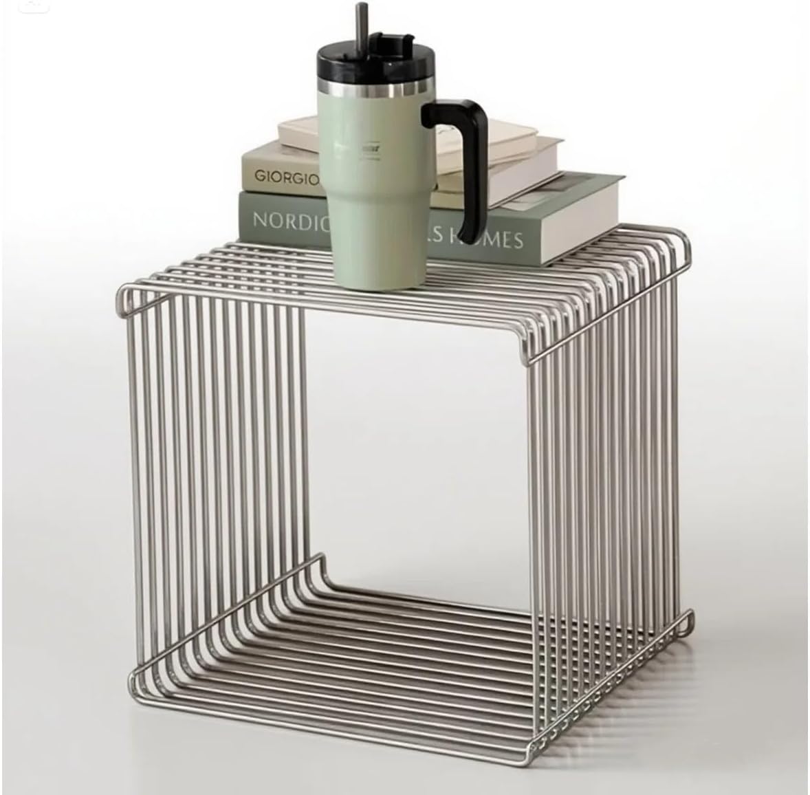 square geometry retro side table prime-stainless steel linear metal end table, iron multi-purpose desktop shelf (silver)