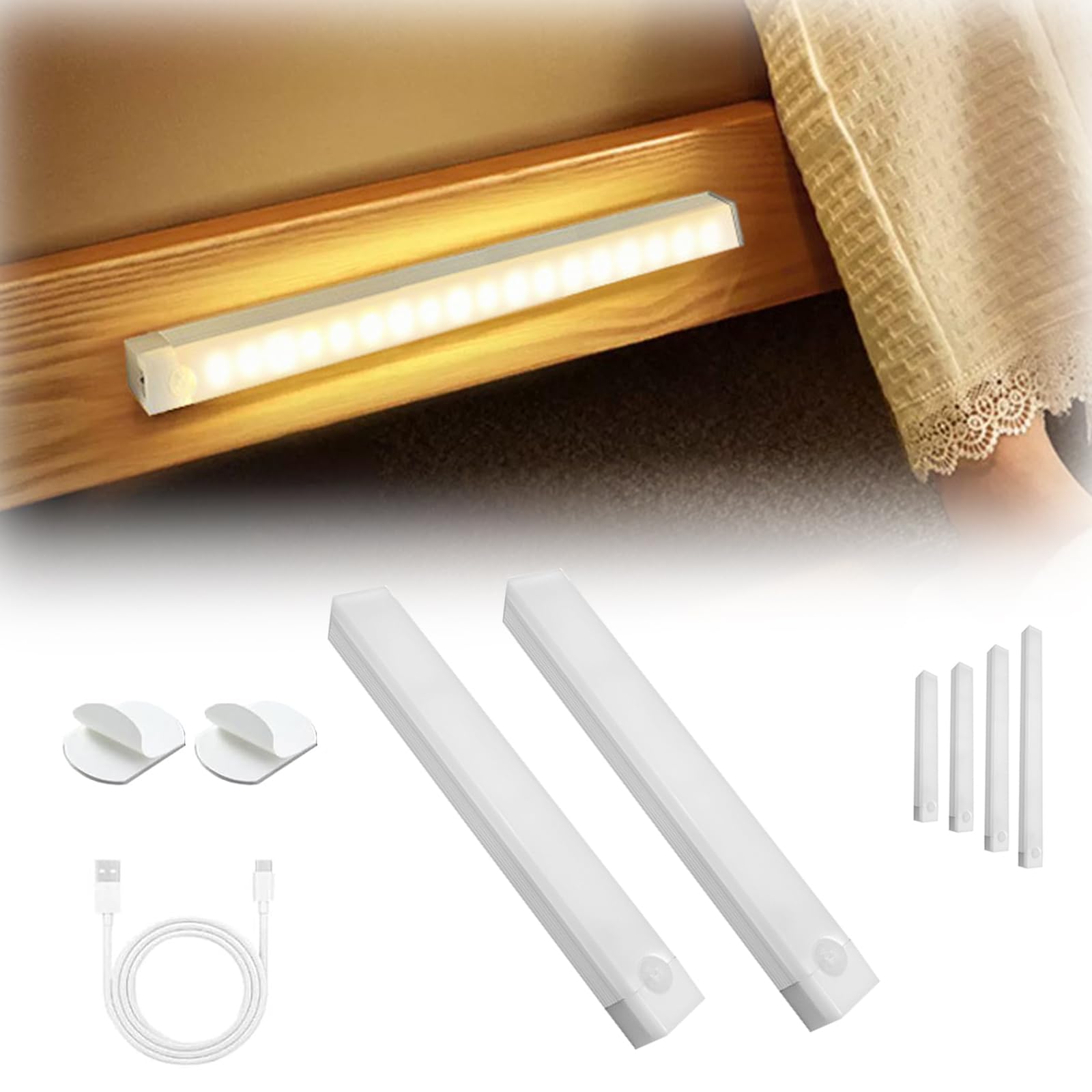 Punch-Free Smart Sensor Magnetic Rechargeable LED Lights, Motion Sensor Light Indoor, Human Body Intelligent Sensor Light, for Bedroom, Kitchen, Cabinets (2Pcs Warm, 50cm/19.69in)