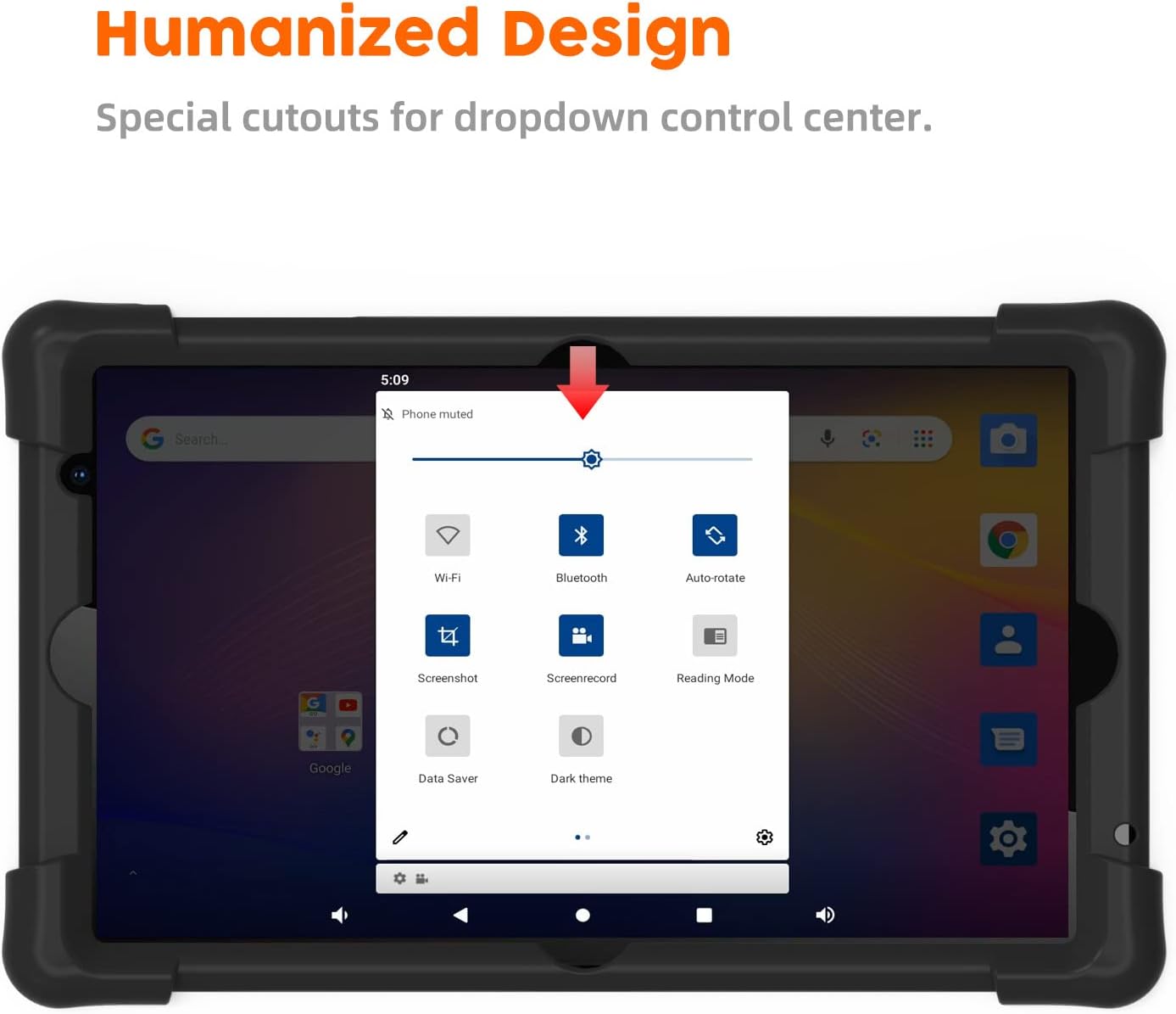 Tablet in case showing dropdown control center with precise cutouts.