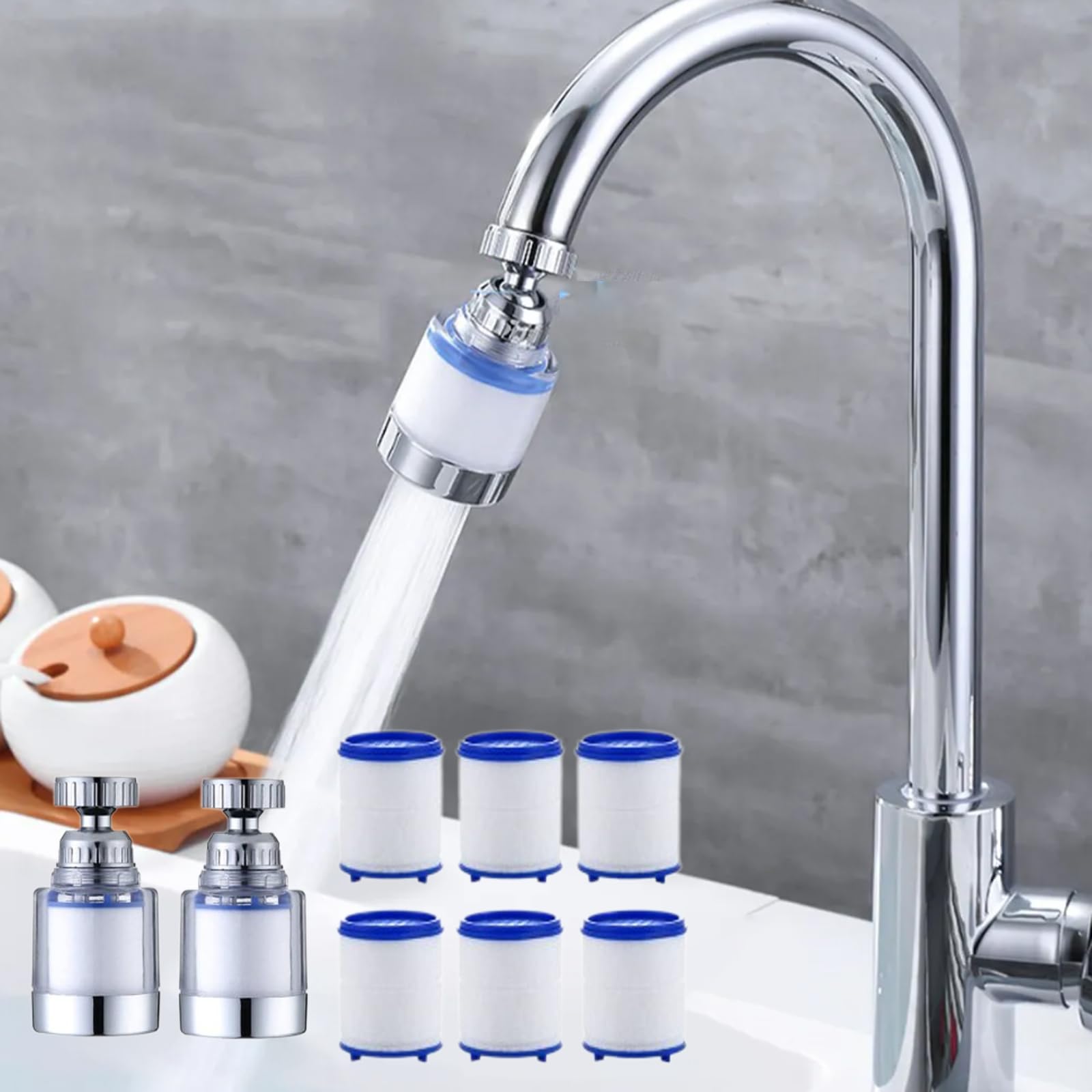 2 pezzi filtro acqua rubinetto,filtro anticalcare rubinetto cucina, con 6 pezzi di elemento filtrante in cotone PP e adattatore universale per lavello, cucina, bagno
