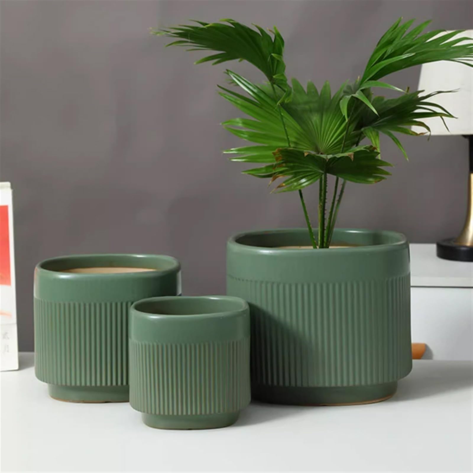 pot de fleur Pots de plantes en céramique épaisse et respirante, bleu-vert avec motif rayé, pots de fleurs de couleur unie, ovales, for l'extérieur et l'intérieur, jardinières de culture vertes cache