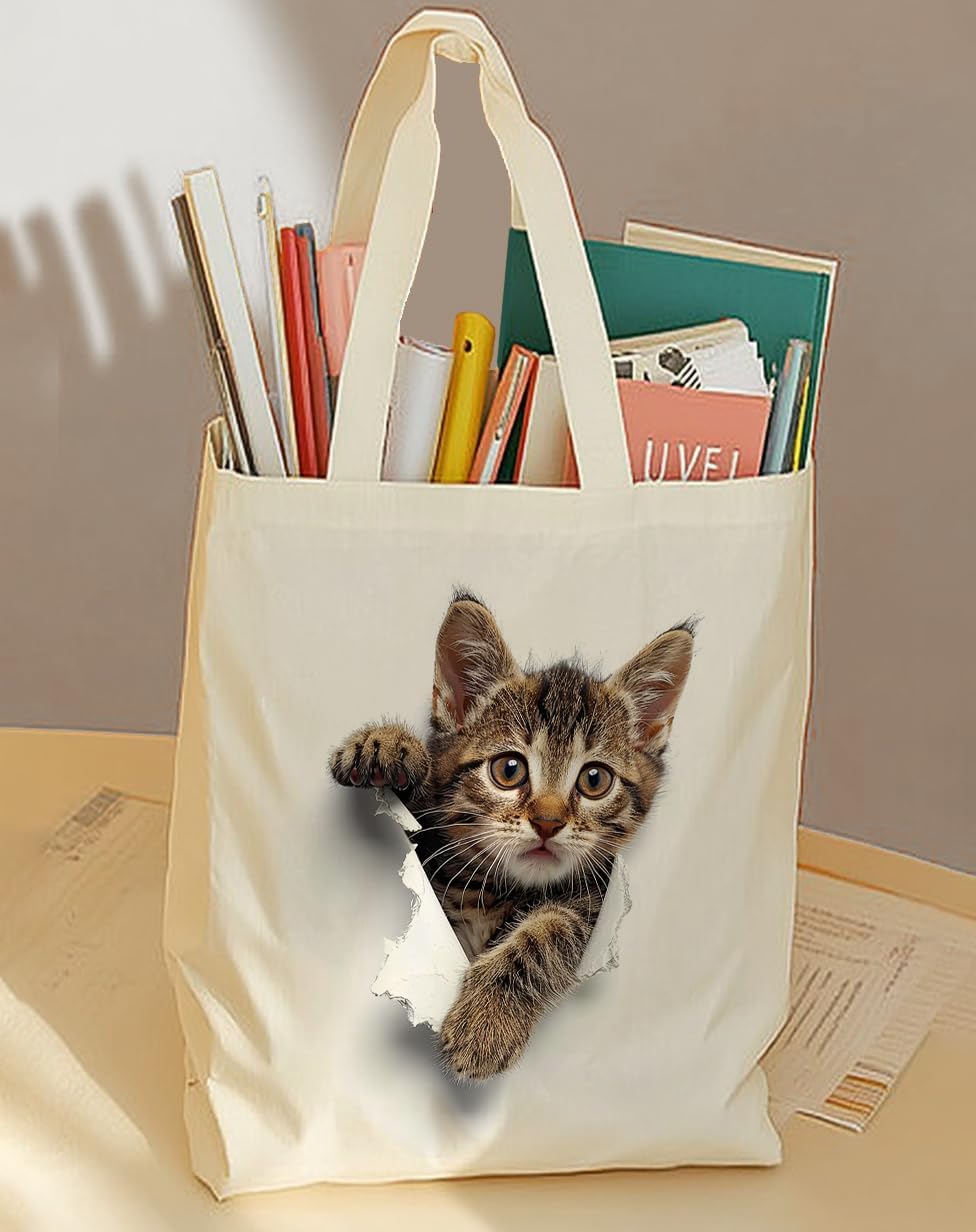 YOU FOUND ME Canvas Tote Bag for Women, Cute Cat Print Cotton Bag for Book Lovers, Bookworm Gifts Grocery Shopping Bag - Image 7
