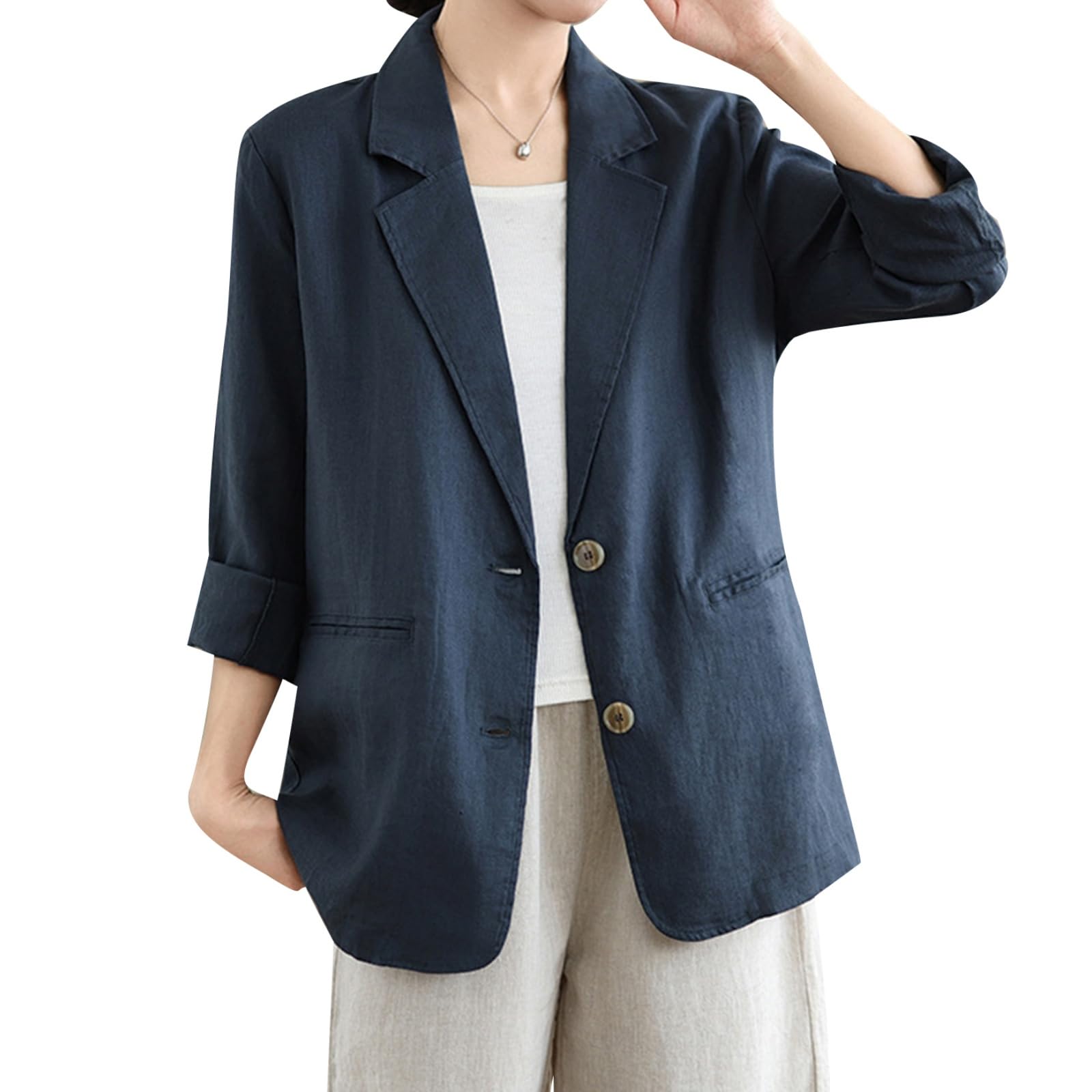 MINTLIMIT Womens Linen Blazer Summer 3 4 Sleeve Notch Lapel Work Office Suit Casual Button Blazers Jackets with